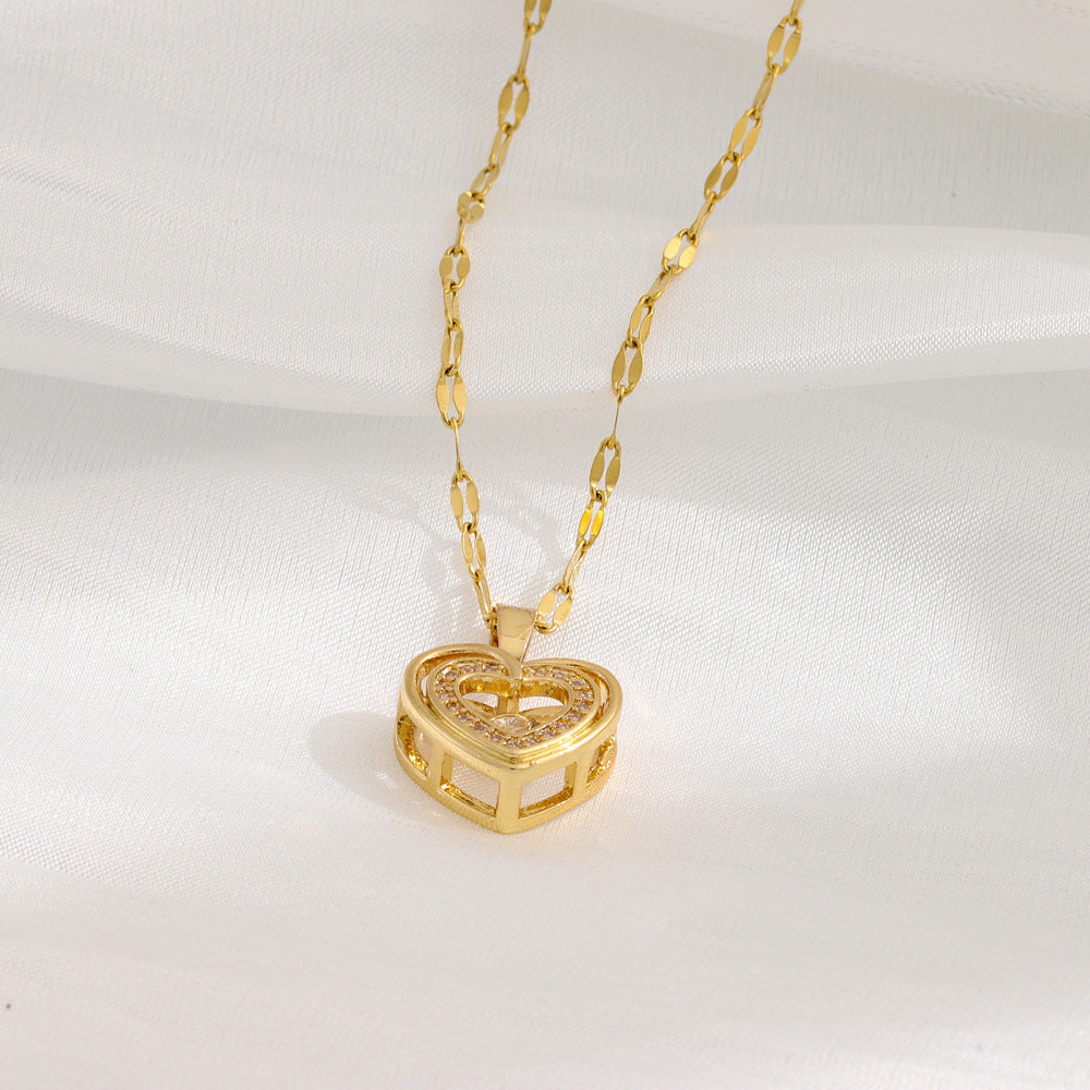 Double Layer Love Heart Necklace - Rhinestone Titanium Steel Jewelry