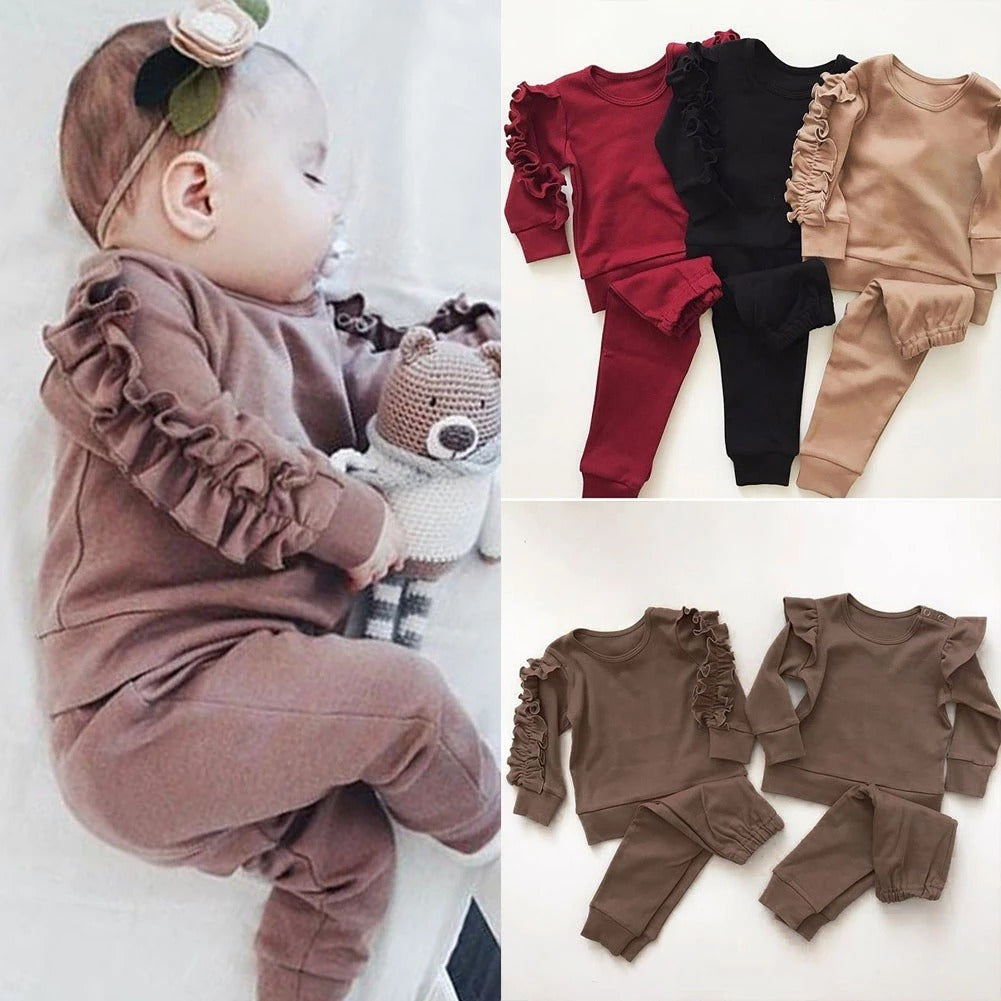 Adorable Newborn Baby Boys Girls Ruffles Jumper Solid Long Sleeve Sweatshirt Tops Pants Infant Kids 2Pcs Outfits Clothes Set Fall Clothes