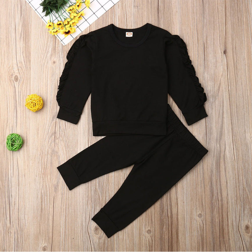 Adorable Newborn Baby Boys Girls Ruffles Jumper Solid Long Sleeve Sweatshirt Tops Pants Infant Kids 2Pcs Outfits Clothes Set Fall Clothes