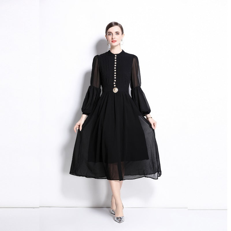 Black Puff Sleeve Dress | Temperament Long Dress | iukstore