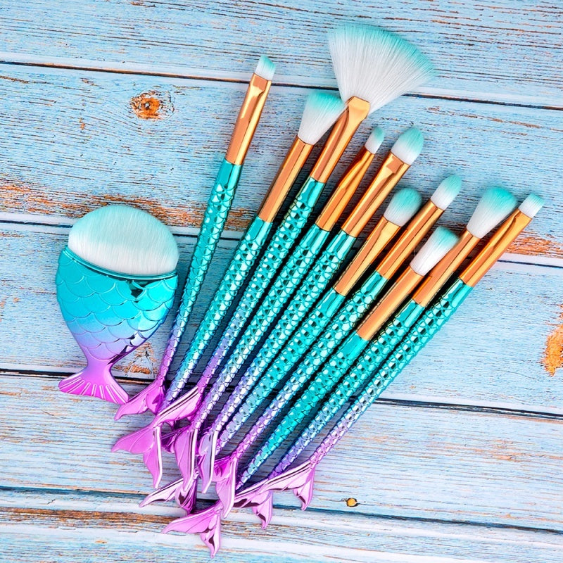 11-Piece Mermaid Makeup Brush Set - Professional Foundation, Eyebrow & Eyeliner Kit