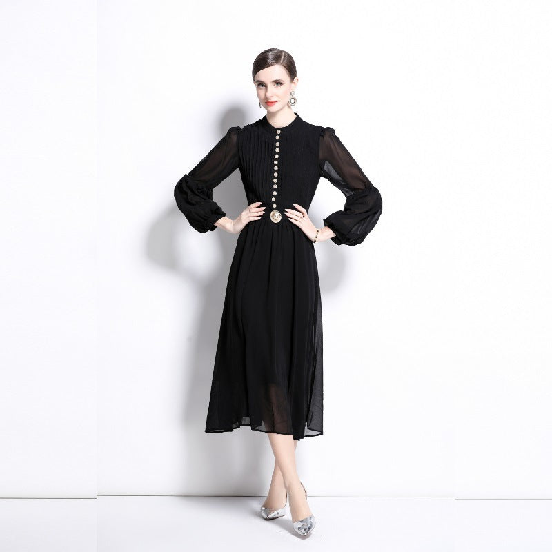 Black Puff Sleeve Dress | Temperament Long Dress | iukstore