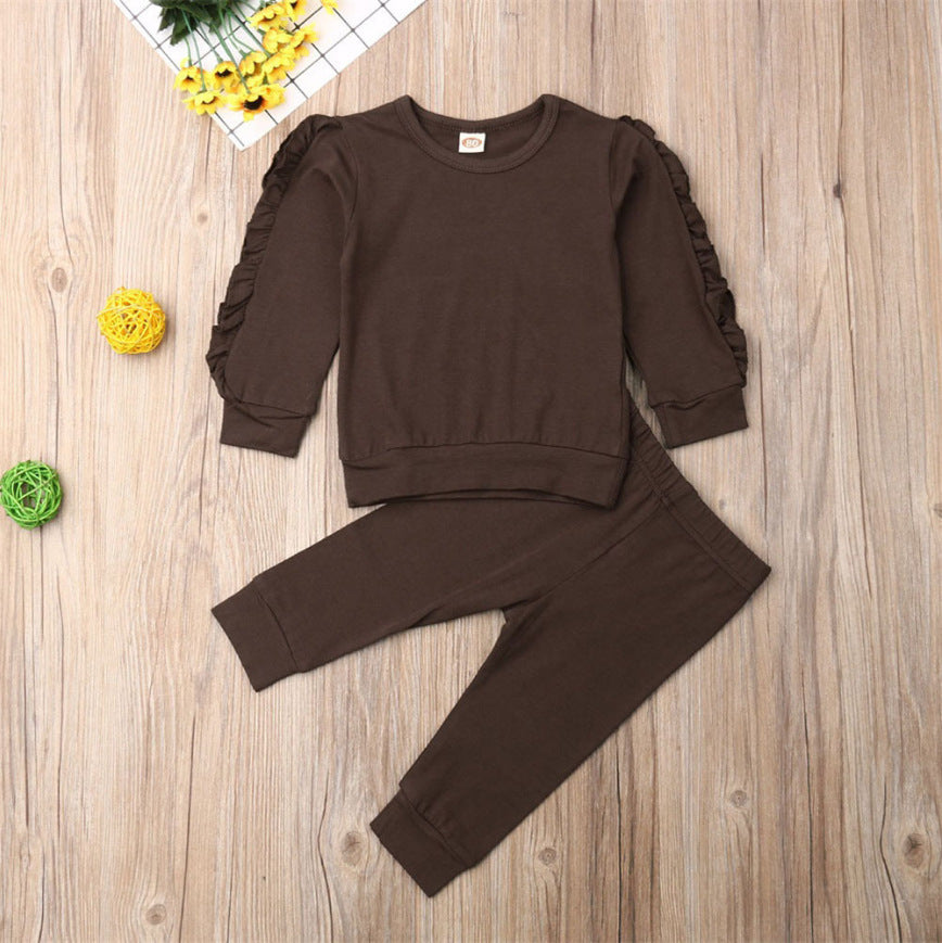 Adorable Newborn Baby Boys Girls Ruffles Jumper Solid Long Sleeve Sweatshirt Tops Pants Infant Kids 2Pcs Outfits Clothes Set Fall Clothes