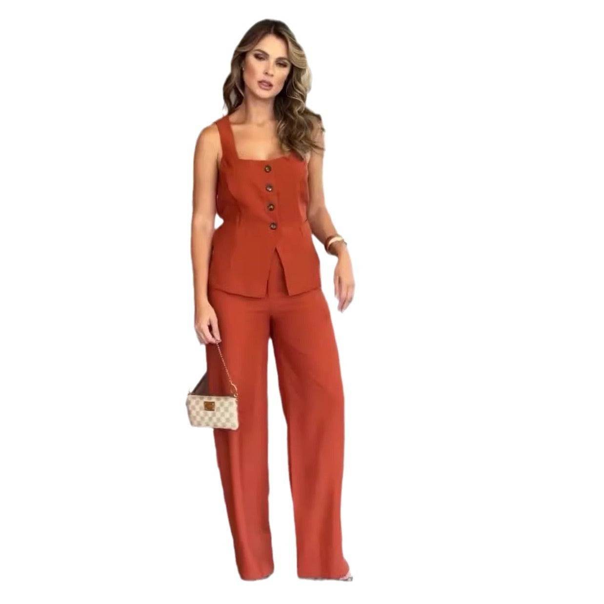 Elegant Wide Leg Trousers Suit For Women - Solid Color Square Collar