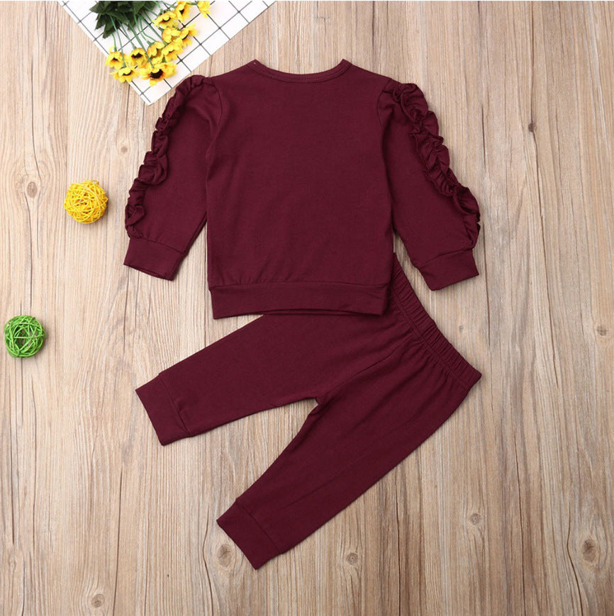 Adorable Newborn Baby Boys Girls Ruffles Jumper Solid Long Sleeve Sweatshirt Tops Pants Infant Kids 2Pcs Outfits Clothes Set Fall Clothes
