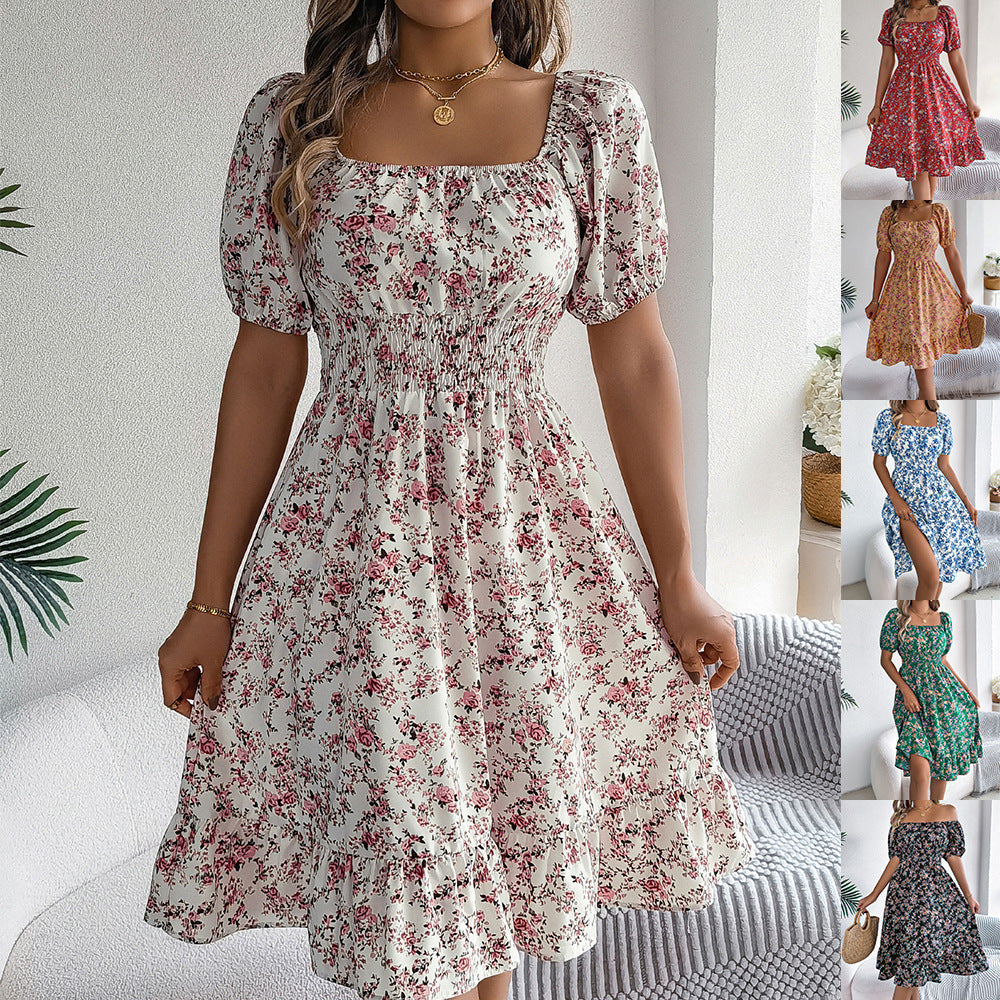 Floral Print Square Collar Dress - Summer Fashion