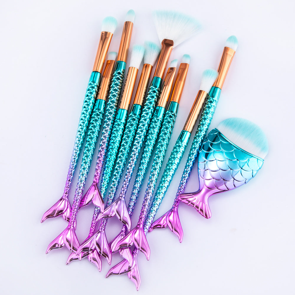 11-Piece Mermaid Makeup Brush Set - Professional Foundation, Eyebrow & Eyeliner Kit