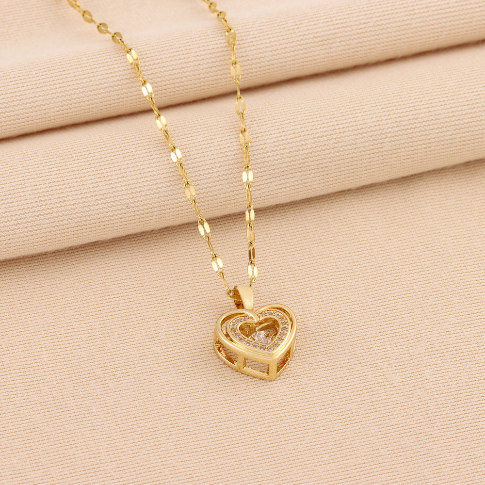 Double Layer Love Heart Necklace - Rhinestone Titanium Steel Jewelry