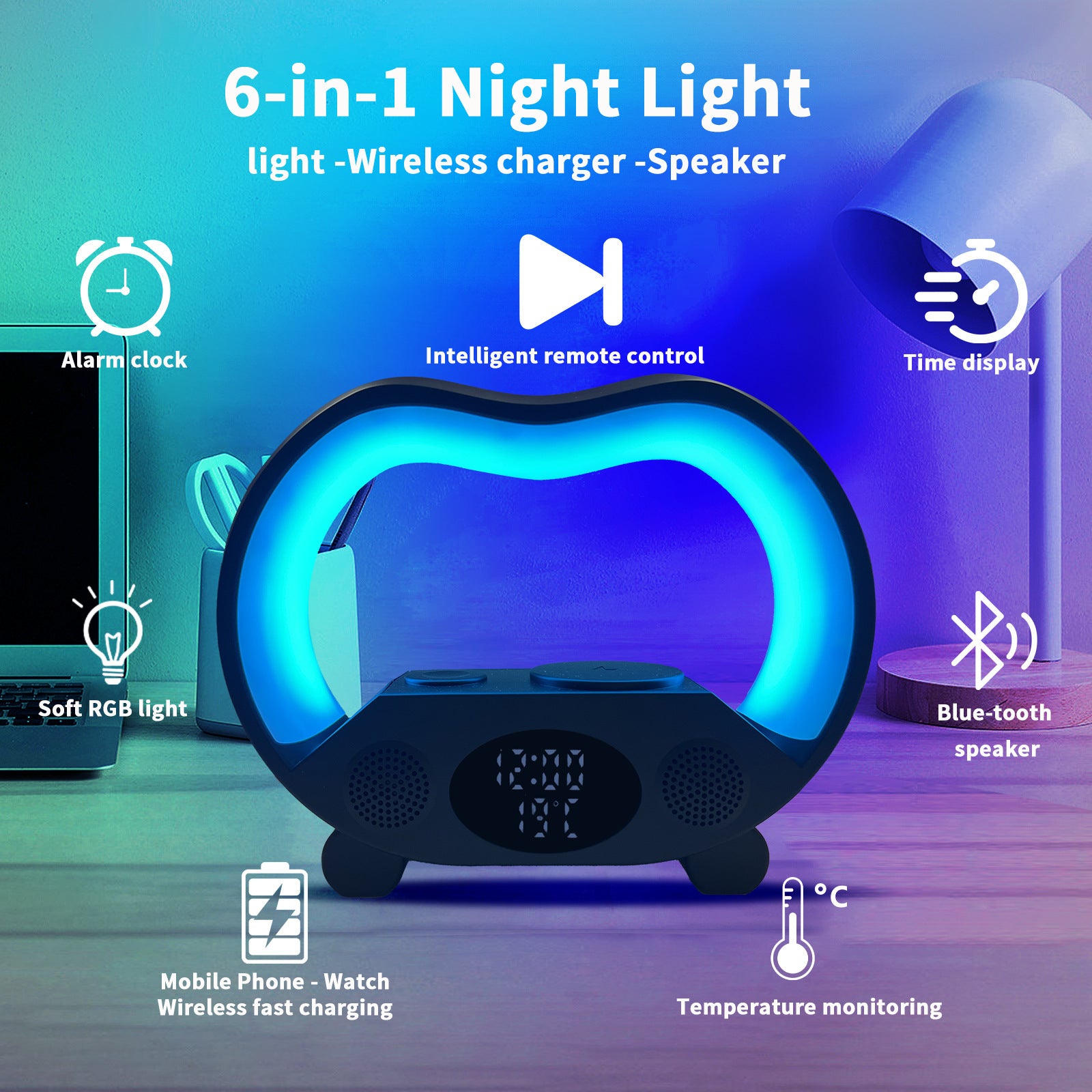 6-in-1 Smart LED Table Lamp Bluetooth-compatible Wireless Charger TechGenius