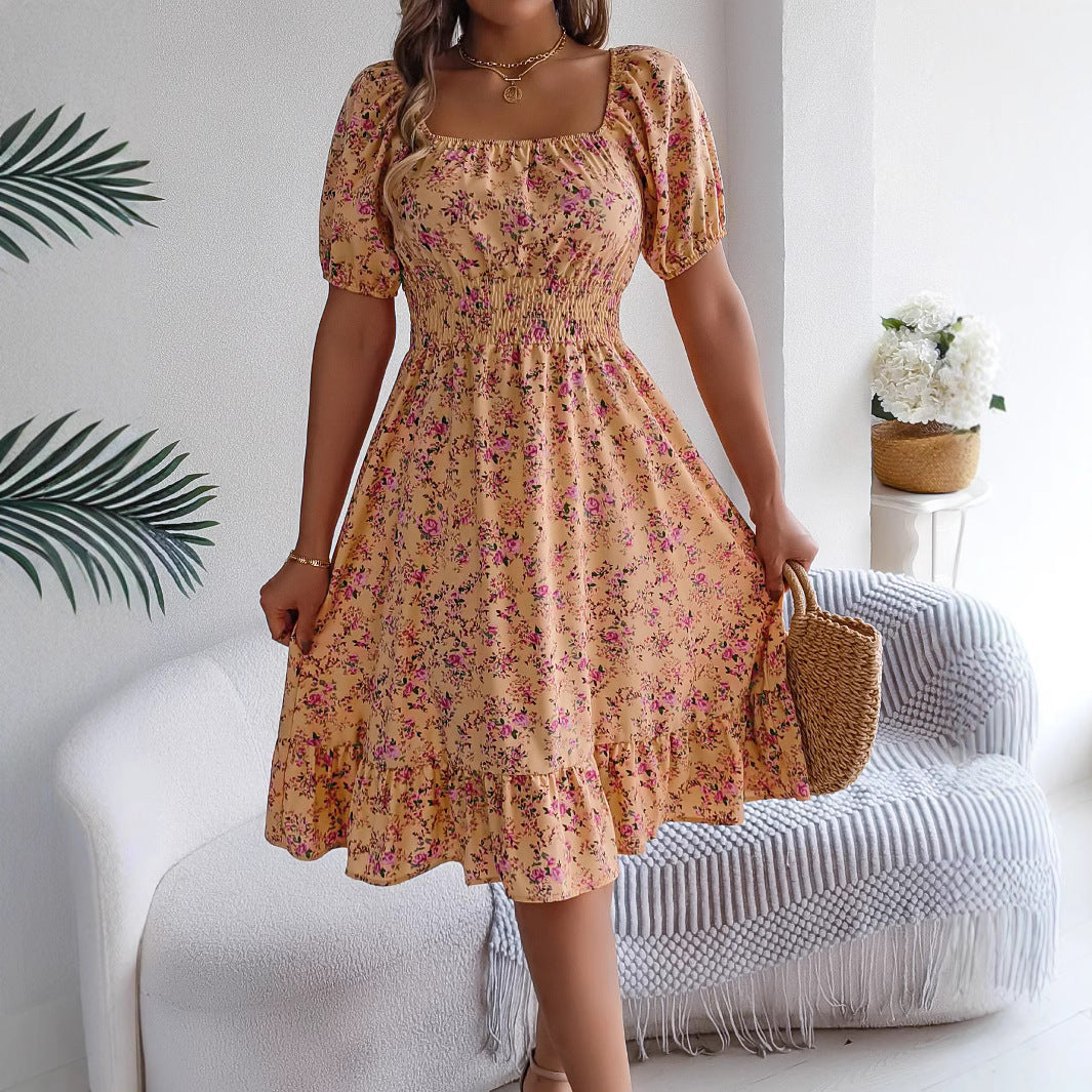 Floral Print Square Collar Dress - Summer Fashion