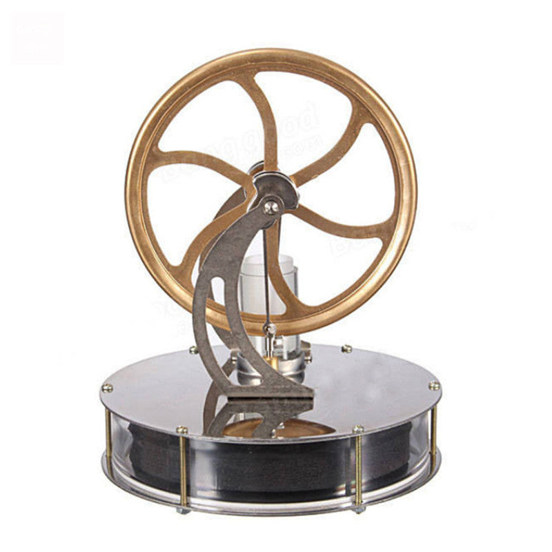 Experimental Stirling Engine Model with transparent housing showing internal mechanisms