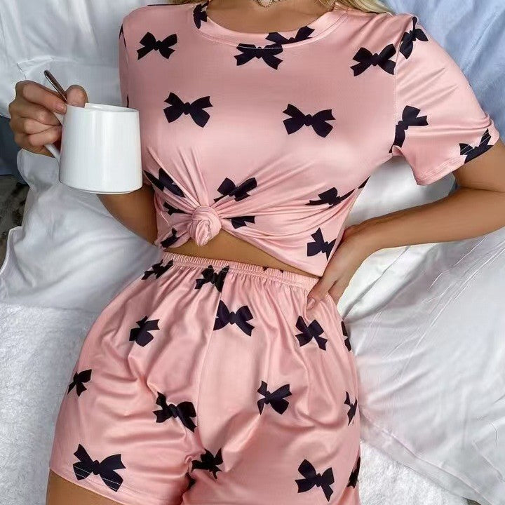 Cozy Round Neck T-shirt Pajamas Shorts Set - Sweet Two-piece Set Suit