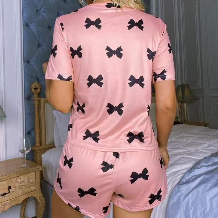 Cozy Round Neck T-shirt Pajamas Shorts Set - Sweet Two-piece Set Suit