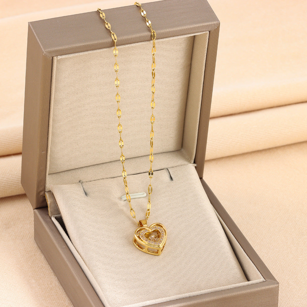 Double Layer Love Heart Necklace - Rhinestone Titanium Steel Jewelry