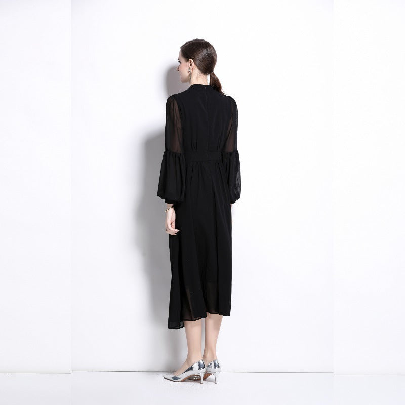 Black Puff Sleeve Dress | Temperament Long Dress | iukstore