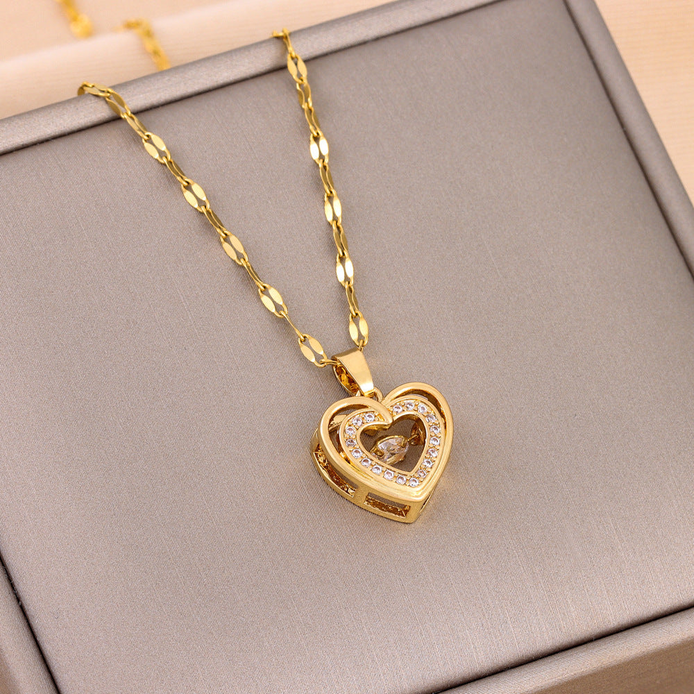Double Layer Love Heart Necklace - Rhinestone Titanium Steel Jewelry