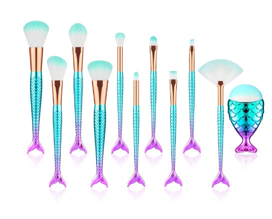 11-Piece Mermaid Makeup Brush Set - Professional Foundation, Eyebrow & Eyeliner Kit
