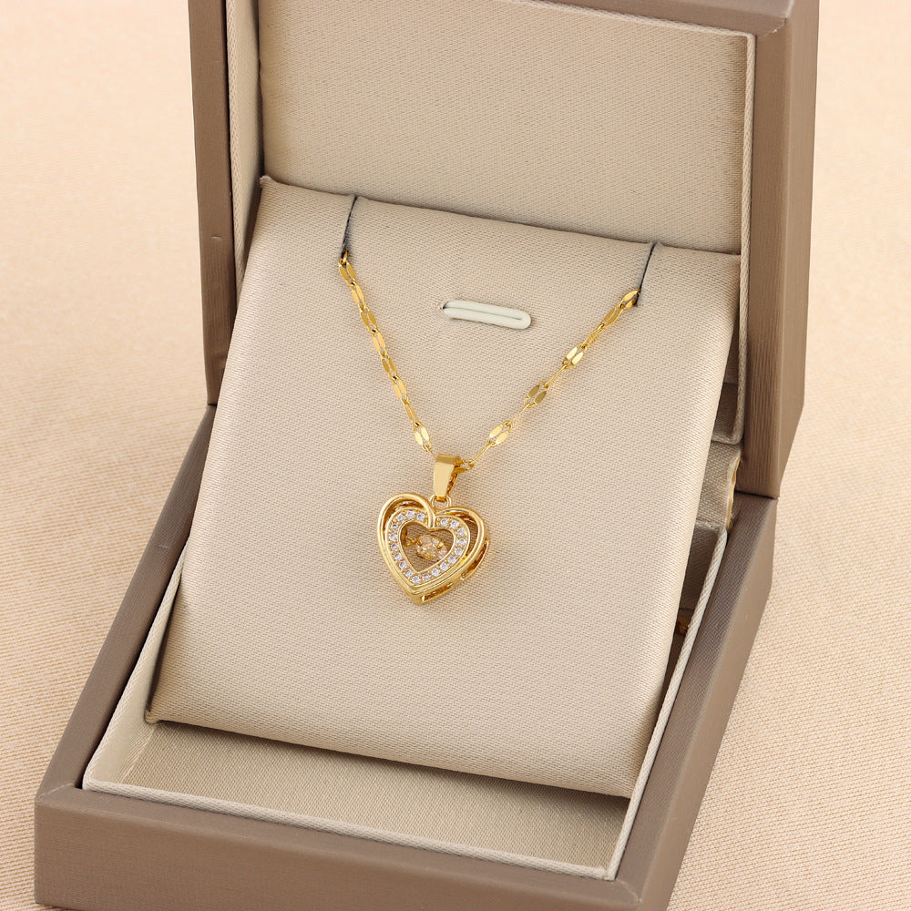 Double Layer Love Heart Necklace - Rhinestone Titanium Steel Jewelry